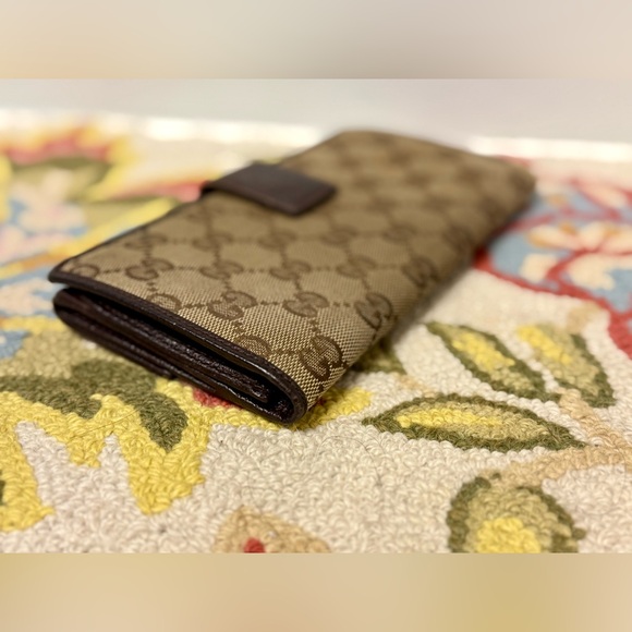 GUCCI Unisex Vintage GG Monogram Brown Leather/Canvas Long Continental Wallet - Picture 4 of 16